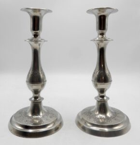 Pair of Engraved American Pewter Candlesticks